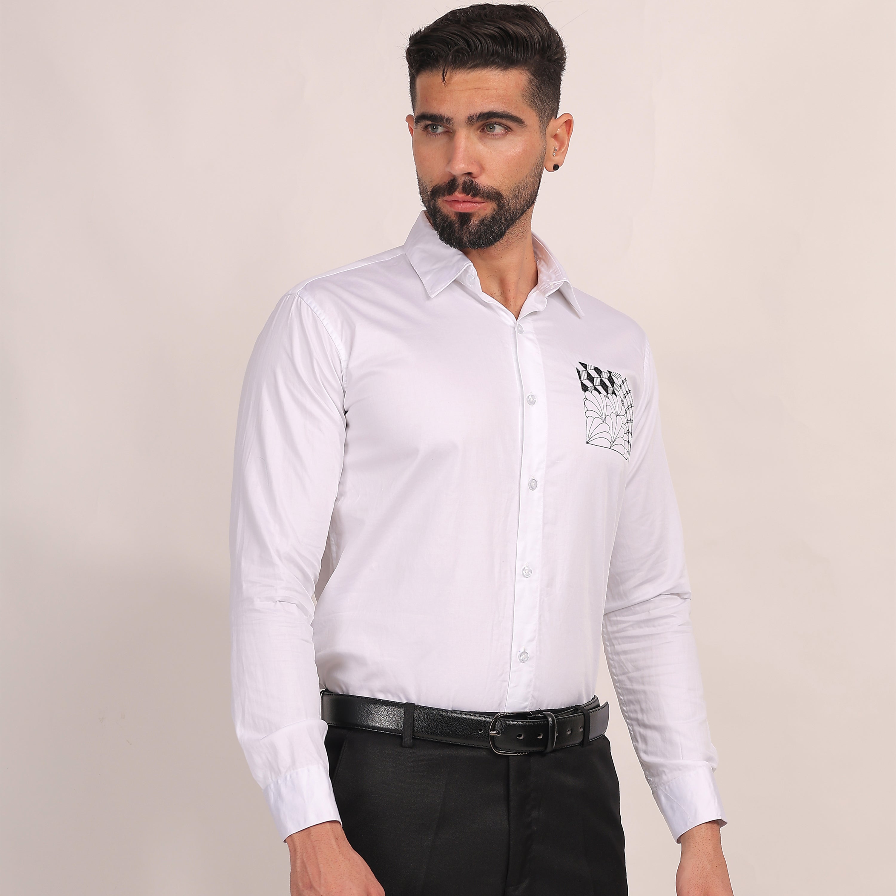 Tailored Graphic Pocket  White Shirt 